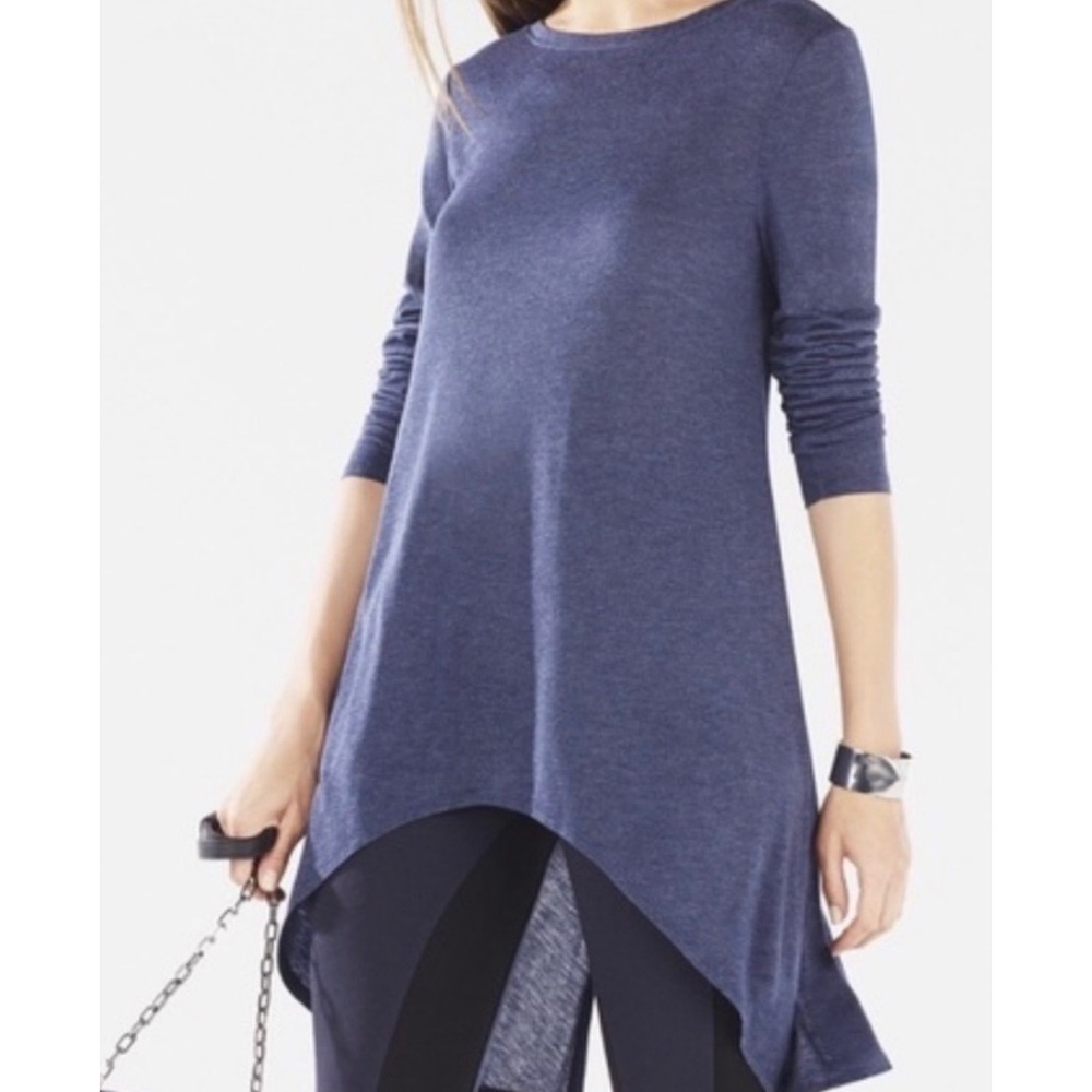 BCBGMAXAZRIA Womens Tunic Top Size S Long Sleeve‎ Twist Back Blue Asymmetric